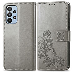 Leather Case Stands Flip Flowers Cover Holder for Samsung Galaxy A23 5G Gray