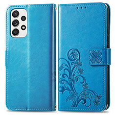 Leather Case Stands Flip Flowers Cover Holder for Samsung Galaxy A53 5G Blue