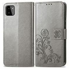 Leather Case Stands Flip Flowers Cover Holder for Samsung Galaxy F42 5G Gray