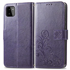 Leather Case Stands Flip Flowers Cover Holder for Samsung Galaxy F42 5G Purple