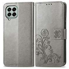 Leather Case Stands Flip Flowers Cover Holder for Samsung Galaxy M33 5G Gray