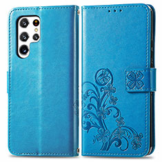 Leather Case Stands Flip Flowers Cover Holder for Samsung Galaxy S24 Ultra 5G Blue