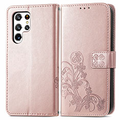 Leather Case Stands Flip Flowers Cover Holder for Samsung Galaxy S24 Ultra 5G Pink