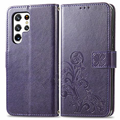 Leather Case Stands Flip Flowers Cover Holder for Samsung Galaxy S24 Ultra 5G Purple