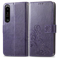 Leather Case Stands Flip Flowers Cover Holder for Sony Xperia 1 IV Purple