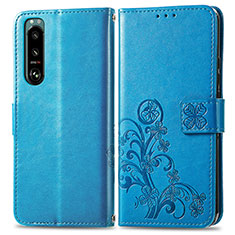 Leather Case Stands Flip Flowers Cover Holder for Sony Xperia 5 III Blue