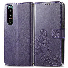 Leather Case Stands Flip Flowers Cover Holder for Sony Xperia 5 III Purple