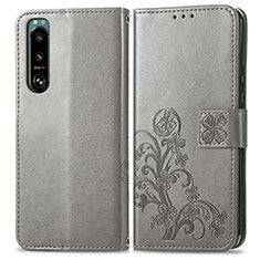 Leather Case Stands Flip Flowers Cover Holder for Sony Xperia 5 III SO-53B Gray
