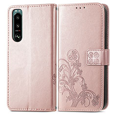 Leather Case Stands Flip Flowers Cover Holder for Sony Xperia 5 III SO-53B Pink