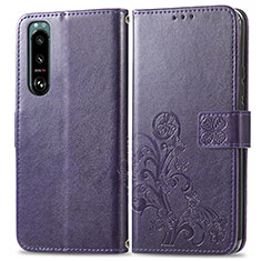Leather Case Stands Flip Flowers Cover Holder for Sony Xperia 5 IV Purple