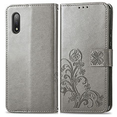 Leather Case Stands Flip Flowers Cover Holder for Sony Xperia Ace II SO-41B Gray
