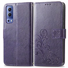 Leather Case Stands Flip Flowers Cover Holder for Vivo iQOO Z3 5G Purple