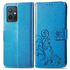 Leather Case Stands Flip Flowers Cover Holder for Vivo iQOO Z6 5G Blue