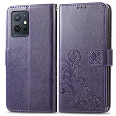 Leather Case Stands Flip Flowers Cover Holder for Vivo iQOO Z6 5G Purple