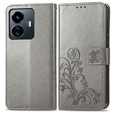 Leather Case Stands Flip Flowers Cover Holder for Vivo iQOO Z6 Lite 5G Gray