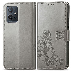 Leather Case Stands Flip Flowers Cover Holder for Vivo T1 5G India Gray