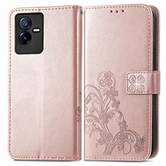 Leather Case Stands Flip Flowers Cover Holder for Vivo T2x 5G Pink