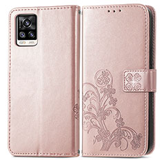 Leather Case Stands Flip Flowers Cover Holder for Vivo V20 (2021) Pink