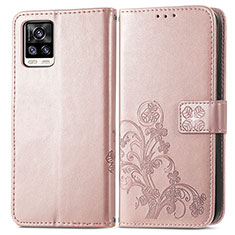 Leather Case Stands Flip Flowers Cover Holder for Vivo V20 Pink