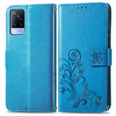 Leather Case Stands Flip Flowers Cover Holder for Vivo V21 5G Blue