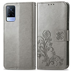 Leather Case Stands Flip Flowers Cover Holder for Vivo V21 5G Gray