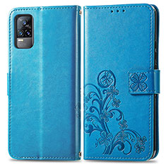 Leather Case Stands Flip Flowers Cover Holder for Vivo V21e 4G Blue