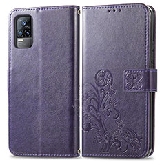 Leather Case Stands Flip Flowers Cover Holder for Vivo V21e 4G Purple