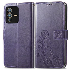 Leather Case Stands Flip Flowers Cover Holder for Vivo V23 5G Purple