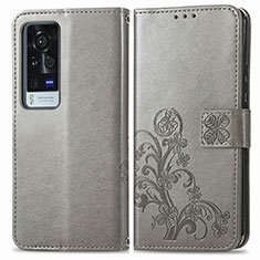 Leather Case Stands Flip Flowers Cover Holder for Vivo X60 Pro+ Plus 5G Gray