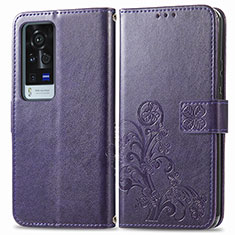 Leather Case Stands Flip Flowers Cover Holder for Vivo X60 Pro+ Plus 5G Purple