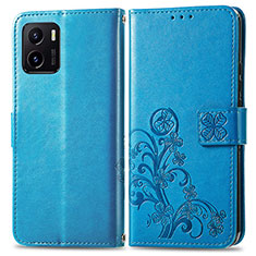 Leather Case Stands Flip Flowers Cover Holder for Vivo Y01 Blue