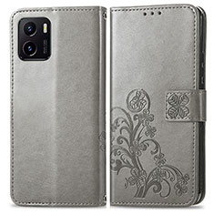 Leather Case Stands Flip Flowers Cover Holder for Vivo Y01 Gray