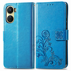 Leather Case Stands Flip Flowers Cover Holder for Vivo Y02S Blue