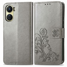 Leather Case Stands Flip Flowers Cover Holder for Vivo Y02S Gray