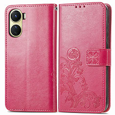 Leather Case Stands Flip Flowers Cover Holder for Vivo Y02S Red