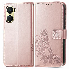 Leather Case Stands Flip Flowers Cover Holder for Vivo Y16 Pink