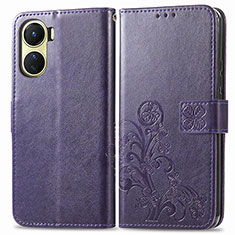 Leather Case Stands Flip Flowers Cover Holder for Vivo Y16 Purple