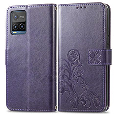 Leather Case Stands Flip Flowers Cover Holder for Vivo Y21 Purple