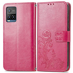 Leather Case Stands Flip Flowers Cover Holder for Vivo Y21 Red