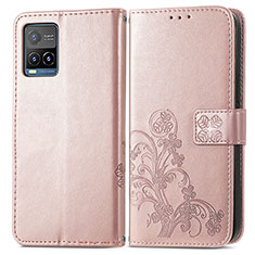 Leather Case Stands Flip Flowers Cover Holder for Vivo Y21a Pink