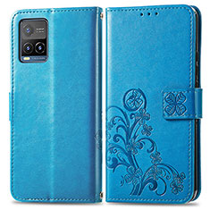 Leather Case Stands Flip Flowers Cover Holder for Vivo Y21G Blue