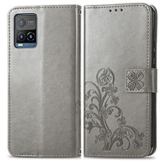 Leather Case Stands Flip Flowers Cover Holder for Vivo Y21G Gray