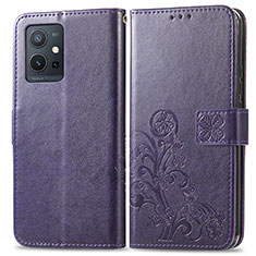 Leather Case Stands Flip Flowers Cover Holder for Vivo Y33e 5G Purple