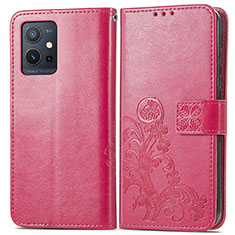 Leather Case Stands Flip Flowers Cover Holder for Vivo Y33e 5G Red