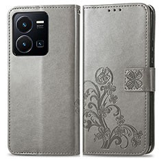 Leather Case Stands Flip Flowers Cover Holder for Vivo Y35 4G Gray