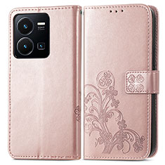 Leather Case Stands Flip Flowers Cover Holder for Vivo Y35 4G Pink