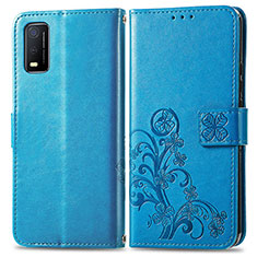 Leather Case Stands Flip Flowers Cover Holder for Vivo Y3s (2021) Blue