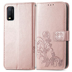 Leather Case Stands Flip Flowers Cover Holder for Vivo Y3s (2021) Pink