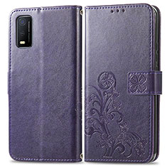 Leather Case Stands Flip Flowers Cover Holder for Vivo Y3s (2021) Purple