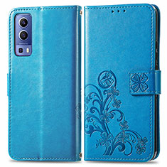 Leather Case Stands Flip Flowers Cover Holder for Vivo Y52 5G Blue